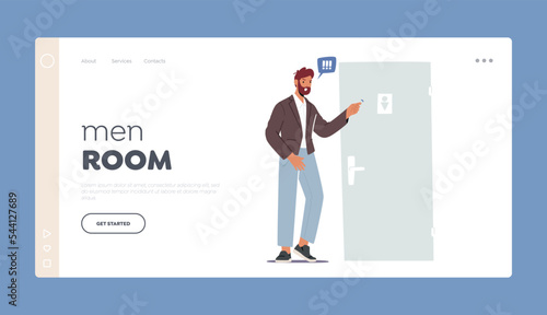Men Room Landing Page Template. Male Character Knocking Public Toilet Cubicle Door. Man Urgently Need To Pee