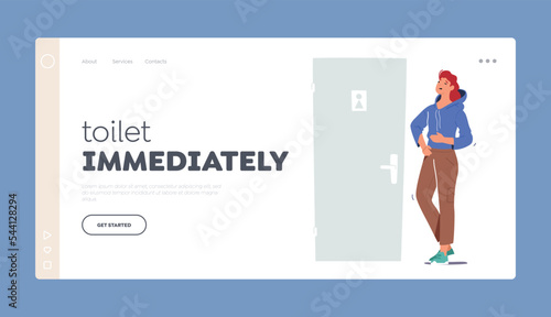 Woman Rushing To Go To Restroom Or Lavatory Landing Page Template. Girl Urgently Need To Pee Or Poop