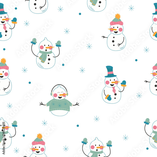Pattern with snowman on white background. Vector