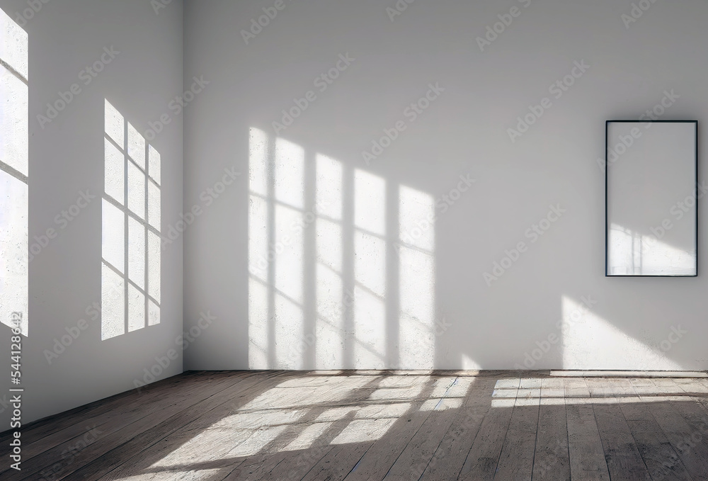 Fototapeta premium 3D rendering old plate of white canvas on white wall in empty room