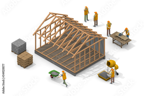木造住宅の工事現場。家を建てる大工。たくさんの資材。