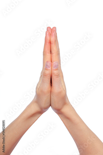 Praying hands of a woman isolated on white.
