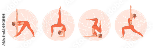 Set of women doing yoga exercise and meditating.Character demonstrating various yoga positions isolated on white background. Vector illustration.