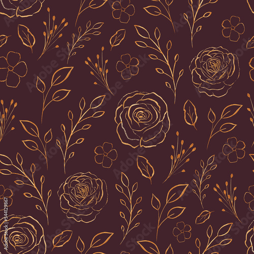 Luxury seamless pattern with golden flowers and leaves. Gold shiny outline.