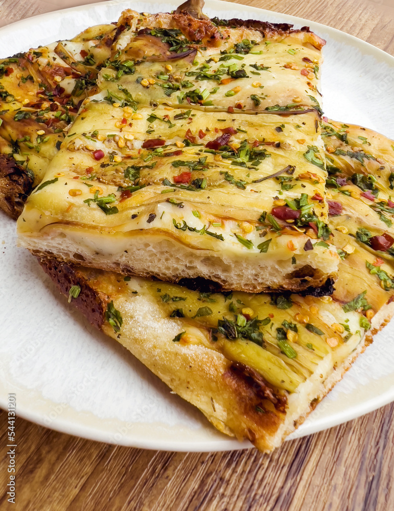 Italian Focaccia pizza with eggplant .Close up Italian Focaccia pizza with eggplant .Close up