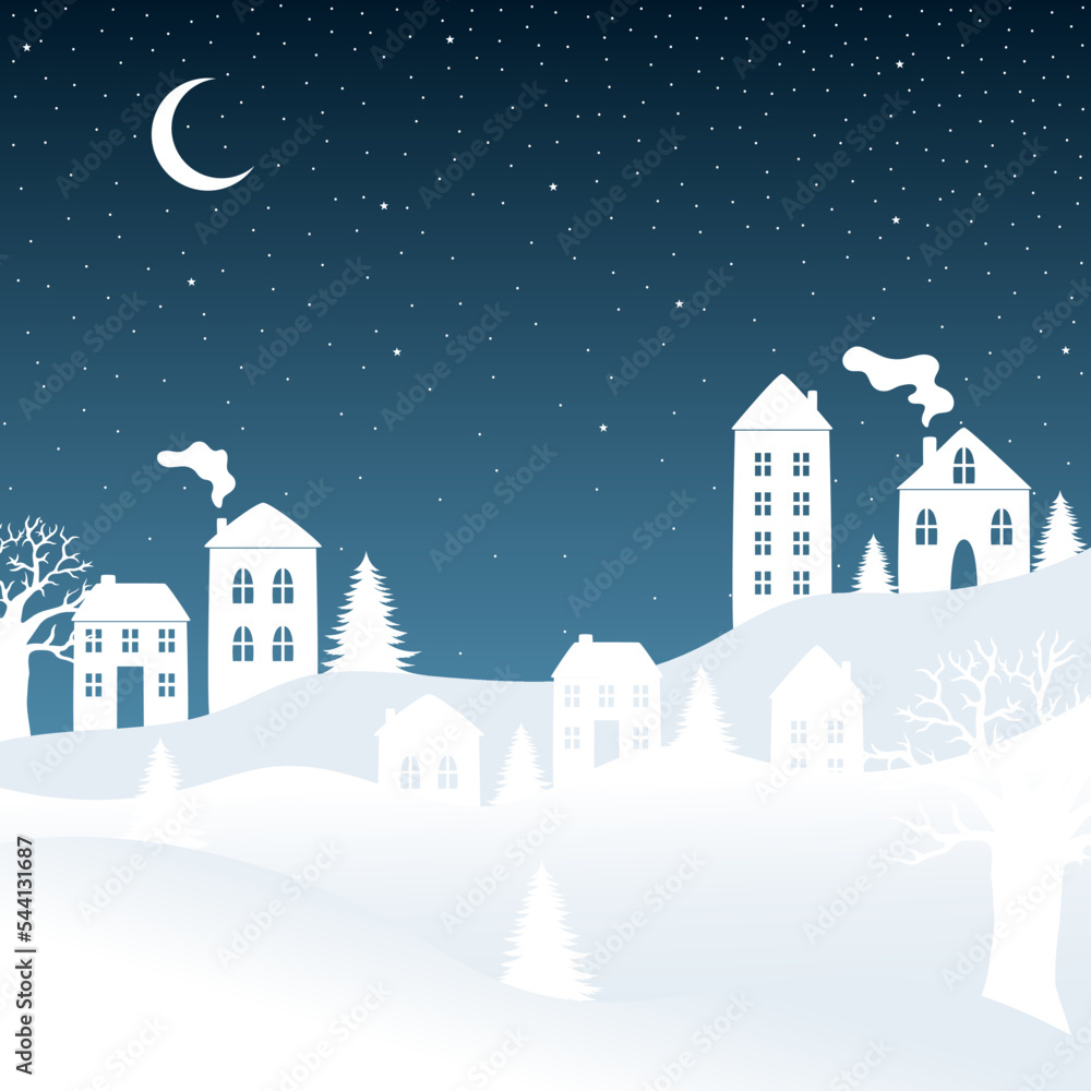Paper art and digital craft style. Houses, forest with snow. Vector illustration art in paper cut design.