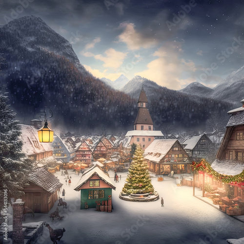 Weihnachtliche Winterlandschaft Christmas Jahreszeit Berge Alpen Schnee Ländlich Ruhig Digital AI Art Illustration  © Korea Saii