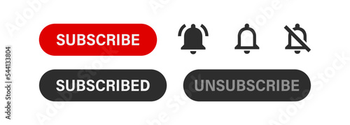Subscribe button and notification bell alarm icons set. Red button icon flat social media interface. Vector isolated illustration for web design 