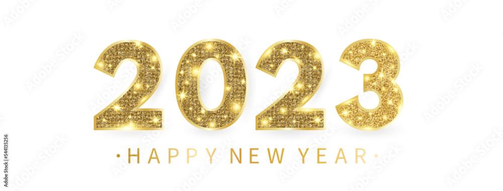 2023 Happy New Year greeting card with gold glitter number. Winter Holiday party template. Clear white frame. Merry Christmas border with text and decor. Luxury celebration design. Vector illustration 2023 Happy New Year greeting card with gold glitter number. Winter Holiday party template. Clear white frame. Merry Christmas border with text and decor. Luxury celebration design. Vector illustration