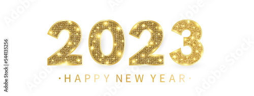 2023 Happy New Year greeting card with gold glitter number. Winter Holiday party template. Clear white frame. Merry Christmas border with text and decor. Luxury celebration design. Vector illustration