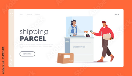 Shipping Parcel Landing Page Template. Man Visiting Post Office Holding Parcel in Hands Paying for Weigh Box on Scales