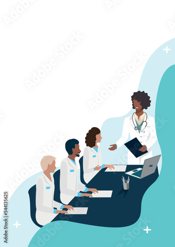 A team of doctors confer, study, hold a conference, training or cosilium. Vector illustration isolated on white background.