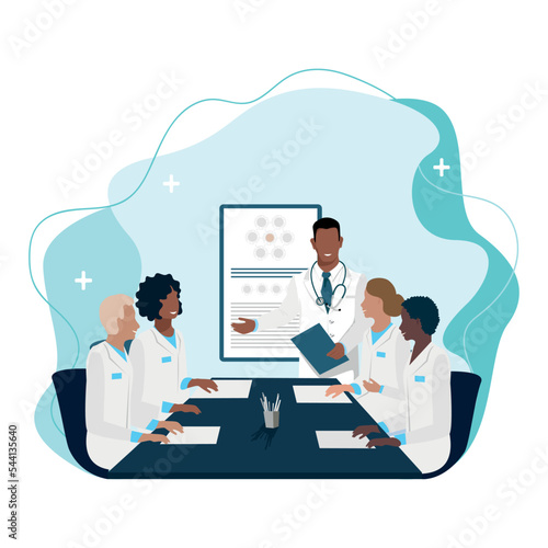 A team of doctors confer, study, hold a conference, training or cosilium. Vector illustration isolated on white background.