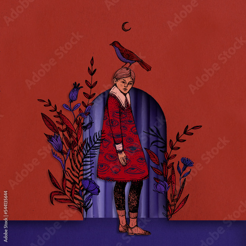 Strange girl standing in a door 