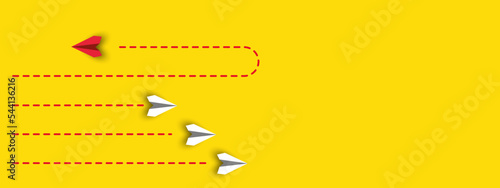 paper airplanes. red plane changing road. Thinking different, Business leader, personality development idea concept.New ideas strategic thinking action taking idea concept.