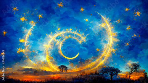 A golden circular zodiac is seen in the blue sky above a landscape. Astrological symbols are seen in the clouds and around the sun. This is used to illustrate horoscopes.