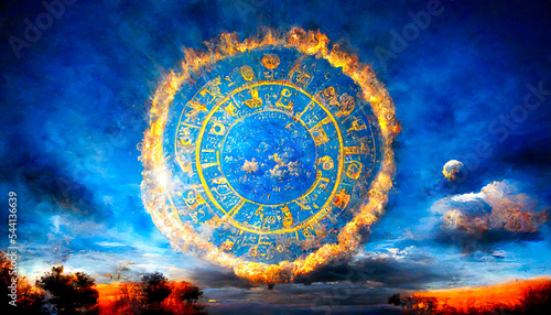 This beautiful artwork features a circular zodiac in the clouds  which seems to inspire a feeling of omniscience. It could be used to see a person s astral future.