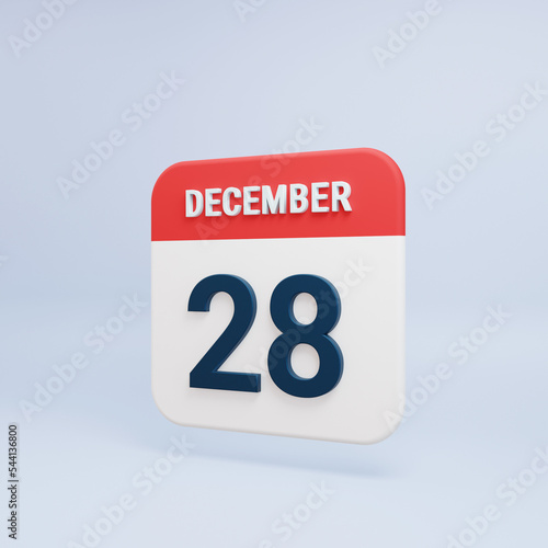 December Realistic Calendar Icon 3D Rendered Date December 28