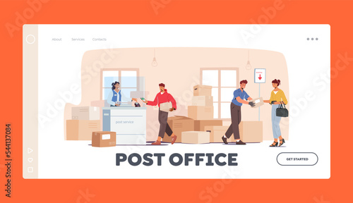 People in Post Office, Postal Service Landing Page Template. People Send Parcels, Throw Letter in Mail Box