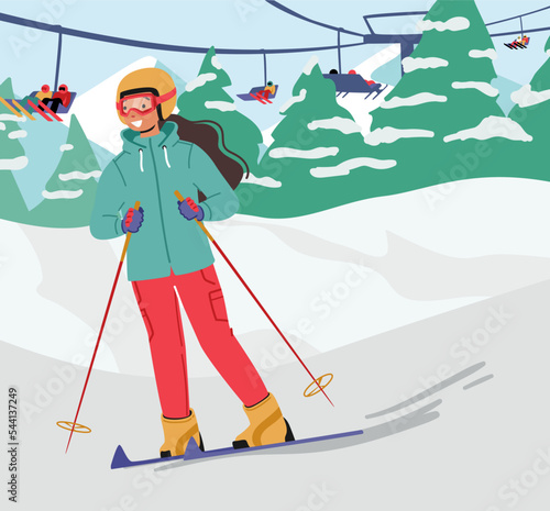 Teen Girl Skiing Wearing Warm Sportive Costume and Goggles Riding Skis at Mountain Slope with Funicular