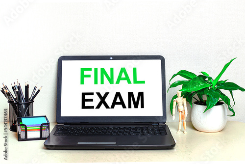 On the desktop is a potted plant, stationery and an open laptop with the text FINAL EXAM on the screen. Home Office.