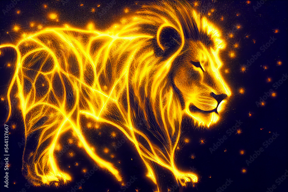 Profile of a majestic lion, in gold and fire sparks. The power of the lion is maximum and gives a reassuring side to life.