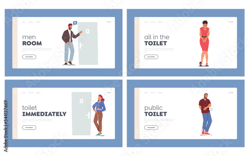 Queue To Toilet Landing Page Template Set. People Wait At Wc Door. Unhappy Male And Female Characters Feel Malaise