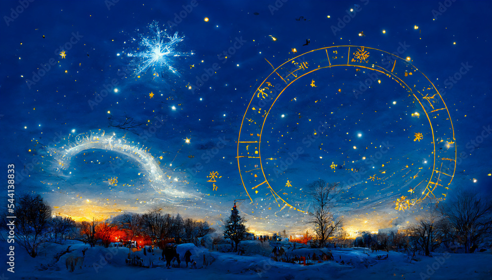 Fototapeta premium Circular zodiac in the winter or Christmas night sky. For Christmas or winter horoscope. Beautiful seasonal colors with alternating white and blue. Landscape of astrology.