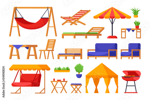 Wooden furniture for garden or patio vector illustrations set. Terrace or backyard elements, chairs, sofa, barbecue grill isolated on white background. Furniture, leisure, outdoor activity concept