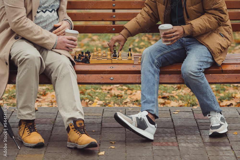 Multi-ethnic men, teacher and student playing chess in autumn park on a bench. Multi-ethnic men, teacher and student playing chess in autumn park on a bench.
