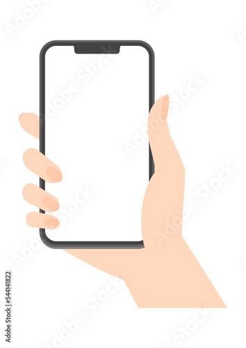 白い画面のスマホを持つ女性の手 - コピースペースのあるスマートフォンを使っている人のイメージ素材