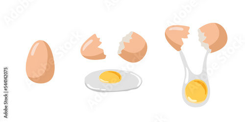 Brown eggs. Whole and broken eggs with cracked eggshell. Natural healthy food protein cooking ingredient. Vector food ingredient isolated on white background. Flat design for menu, cafe,cooking class.
