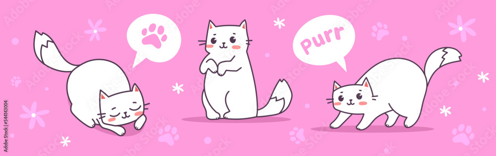 Vector set of illustration of happy cute cat character in different pose with speech bubble on pink color background. Flat line art style design of animal cat Vector set of illustration of happy cute cat character in different pose with speech bubble on pink color background. Flat line art style design of animal cat