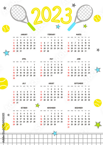 Kids Sports Calendar template for 2023 with Tennis rackets and balls. Week starts on Sunday. 12 months yearly set in 2023. Happy new year motivational card. Vector illustration.