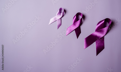 purple ribbons, Alzheimer's disease, Pancreatic cancer, Epilepsy awareness, world cancer day on colored background, World Cancer Day concept photo