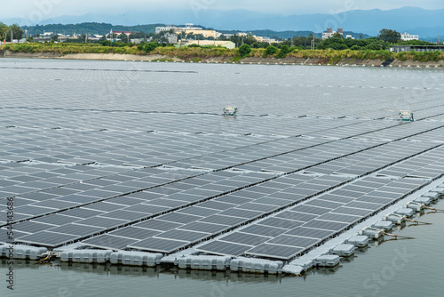 View of the floating Solar power system at Houlong Flood Detention Pond in Miaoli, Taiwan. photo