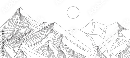 landscape wallpaper design with black mountain line arts mountain, luxury background design for cover, invitation background, packaging design, fabric, and print. Vector illustration