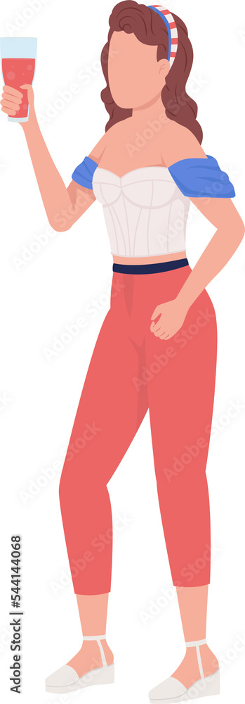 Young lady raising toast at national holiday semi flat color raster character. Standing figure. Full body person on white. Simple cartoon style illustration for web graphic design and animation