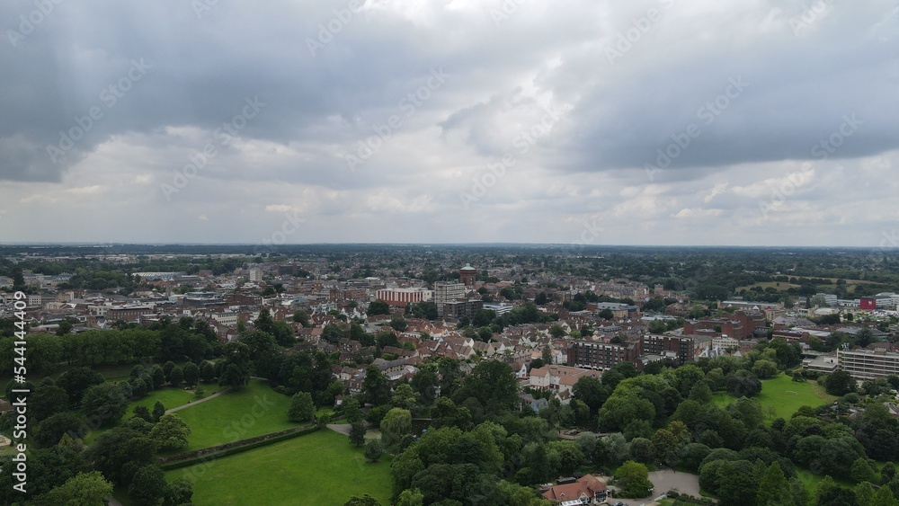 Fototapeta premium Colchester City centre streets houses Essex UK drone aerial view .