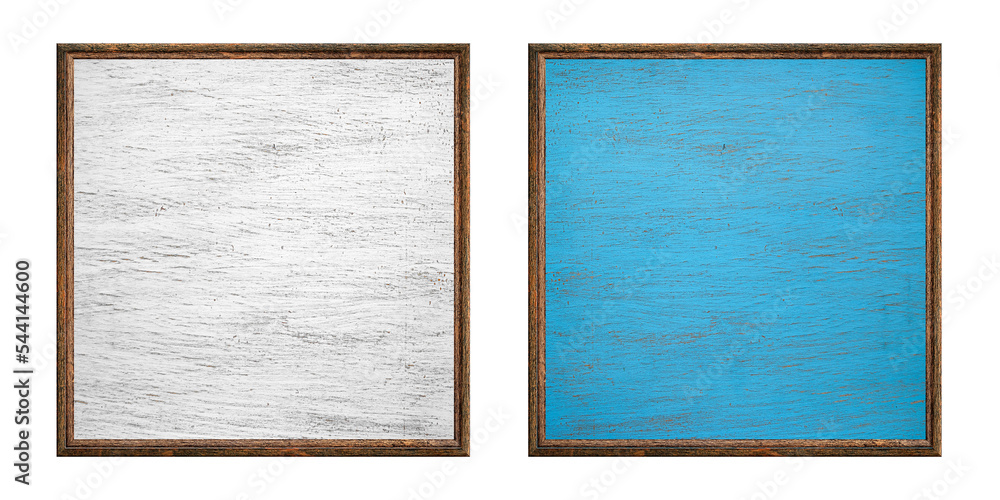 Wooden frame. Two empty square frames with a creative wooden insert isolated on a white background. Blank frame. Signage mockup. Old frame