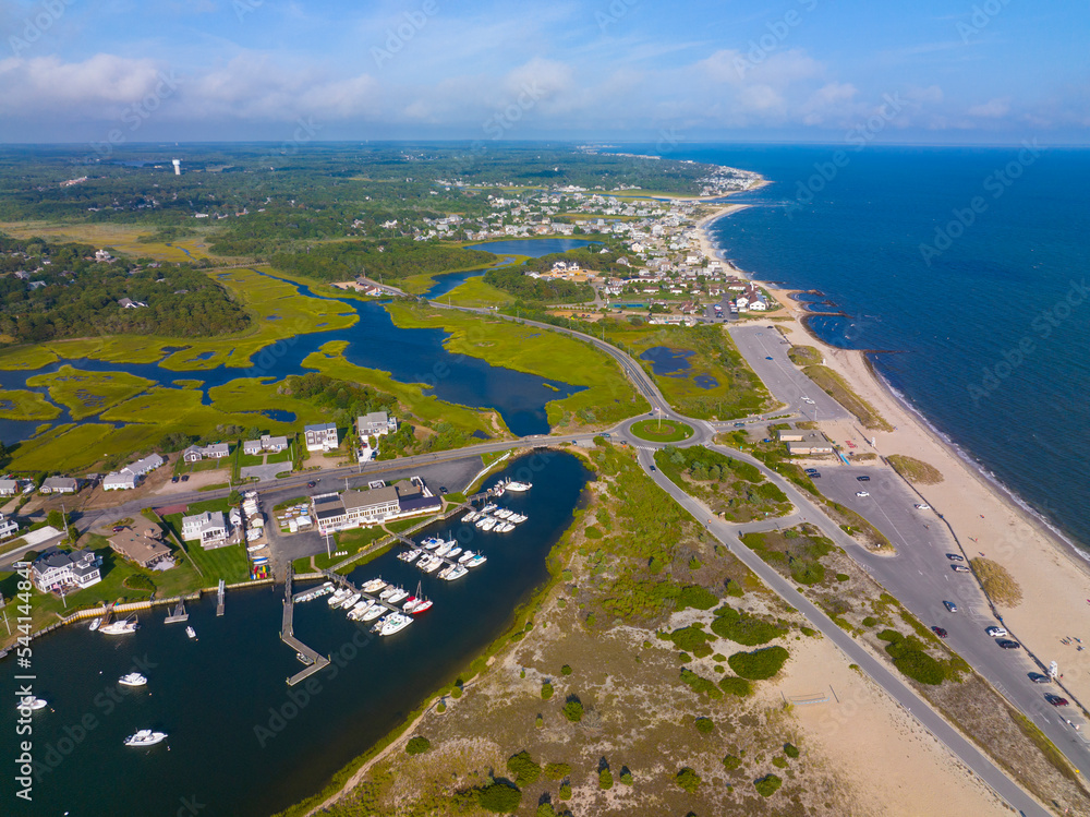 West Dennis Beach aerial view and West Dennis Yacht Club on Bass River mouth in town of Dennis, Massachusetts MA, USA. 