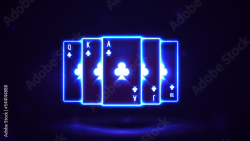 Blue shine neon casino playing cards in dark empty scene, poster for your arts