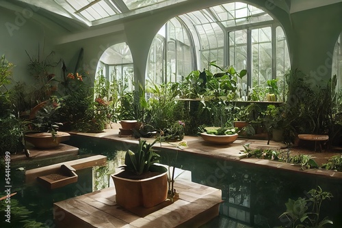 Victorian Spa and wellnes centre in calm botanical garden interior illustration design