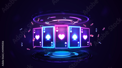 Neon Casino playing cards with poker chips in hologram of digital rings in dark empty scene