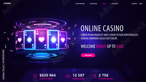 Online casino, dark and blue banner with offer, interface elements and neon playing cards with poker chips with hologram of digital rings in dark empty scene