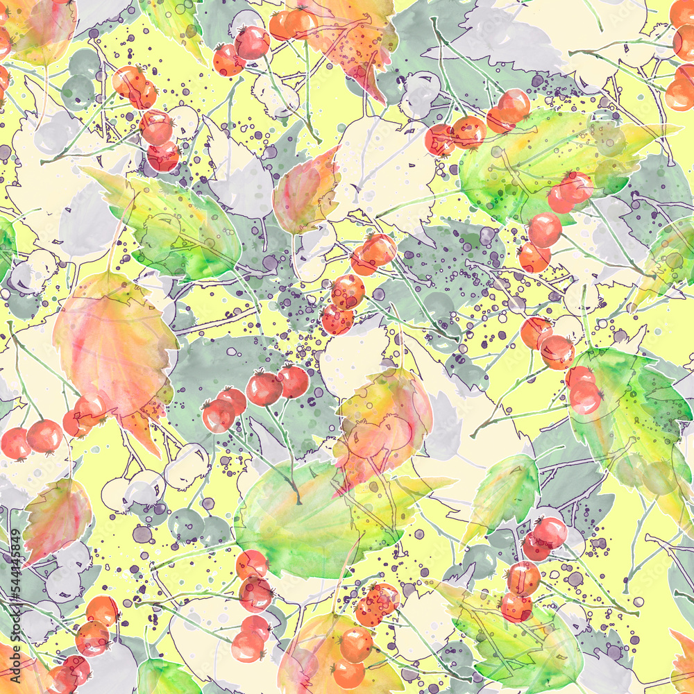 Branches of a mountain ash, rowan berries, autumn background, autumn leaves watercolor. Art Autumn background with cherry, rowan, viburnum. Branches, abstract paint splash, lines. fashion design.scarf