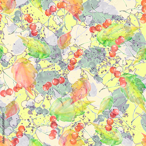 Branches of a mountain ash  rowan berries  autumn background  autumn leaves watercolor. Art Autumn background with cherry  rowan  viburnum. Branches  abstract paint splash  lines. fashion design.scarf