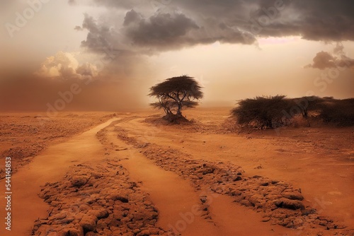 Climate change in Africa Dirt road and yellow orange dusty sandstorm with rocks, sand, bushes and dark clouds in the sky, Dollo Ado, Somalia region, Ethiopia, Africa, vertical phone wallpaper back photo