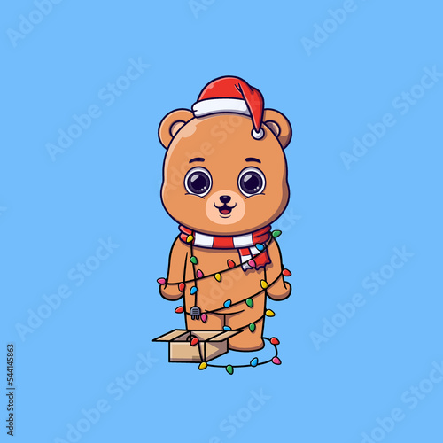 Cute bear tangled in christmas lights