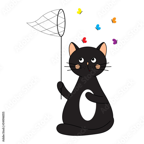 Cute cat catches butterflies. Children's illustration in the style of a doodle. Vector graphics on white background